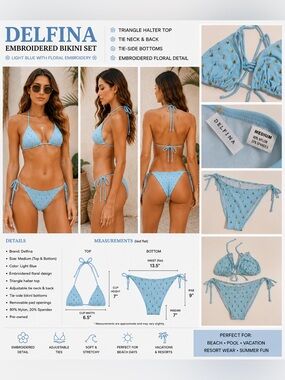 Delfina Embroidered Butterfly Triangle String Bikini Set Blue Women’s Medium